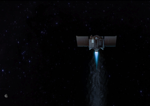 This illustration shows the OSIRIS-REx spacecraft departing asteroid Bennu to begin its two-year journey back to Earth.