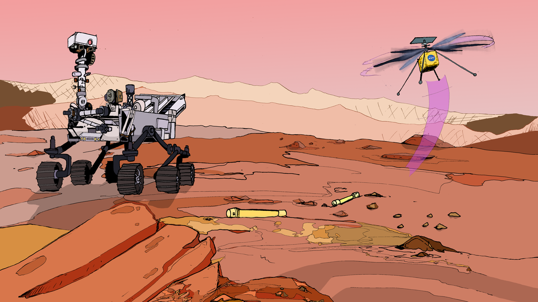 Artist illustration of the Perseverance rover and the Ingenuity helicopter on Mars.