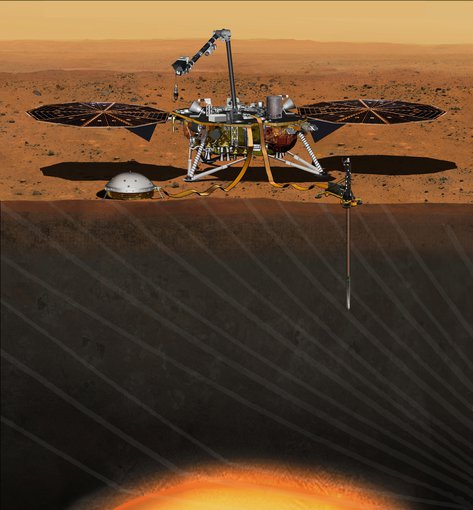 NASA has set a new launch opportunity, beginning May 5, 2018, for the InSight mission to Mars. This artist's concept depicts the InSight lander on Mars after the lander's robotic arm has deployed a seismometer and a heat probe directly onto the ground. InSight is the first mission dedicated to investigating the deep interior of Mars. The findings will advance understanding of how all rocky planets, including Earth, formed and evolved. Credits: NASA/JPL-Caltech