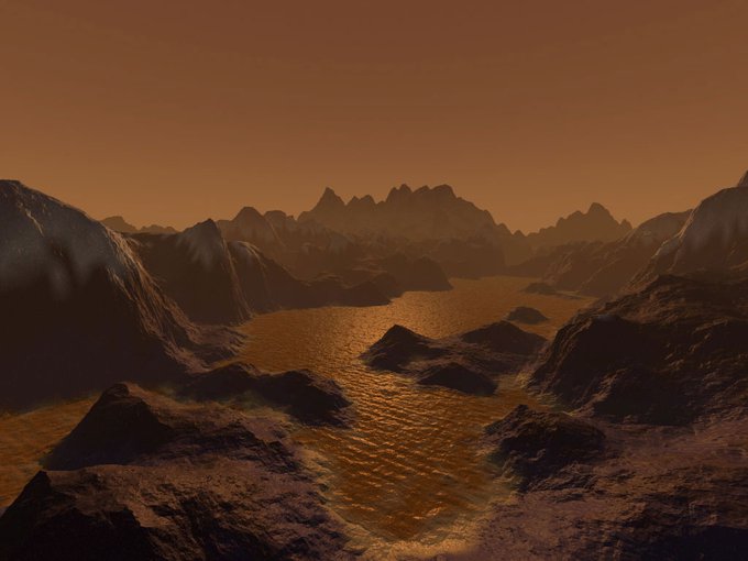 An artist rendering of hydrocarbon pools, rocky and frigid (-280 F) terrain on the surface of Saturn’s largest moon, Titan.