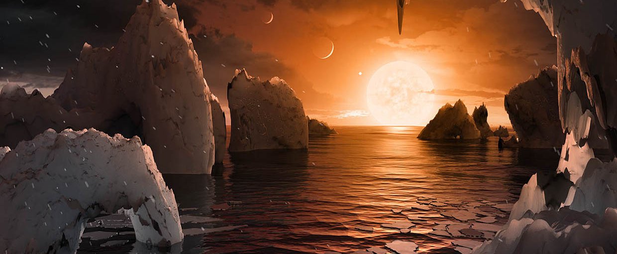 This artist's concept allows us to imagine what it might be like to stand on the surface of the exoplanet TRAPPIST-1f, located in the TRAPPIST-1 system in the constellation Aquarius.