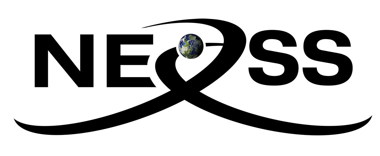 The logo for NExSS in black against a white background. Letters are in square, capital letters apart from the 'x', which is composed of two swooping lines representing orbits with one Earth-like planet following along one of the paths.