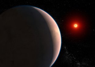 This artist concept represents the rocky exoplanet GJ 486 b, which orbits a red dwarf star that is only 26 light-years away in the constellation Virgo. By observing GJ 486 b transit in front of its star, astronomers sought signs of an atmosphere.
