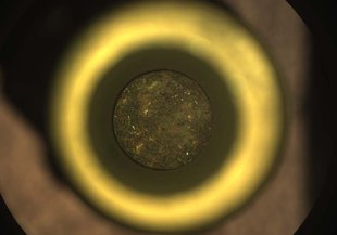 The first cored sample of Mars rock is visible (at center) inside a titanium sample collection tube in this image from the Sampling and Caching System Camera (known as CacheCam) of NASA’s Perseverance rover. The image was taken on Sept. 6, 2021.