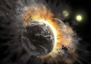 Artist’s concept illustrating a catastrophic collision between two rocky exoplanets in the planetary system BD +20 307, turning both into dusty debris.