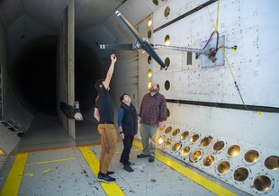 Researchers recently tested rotors for the Dragonfly spacecraft that will explore Saturn's moon Titan at NASA Langley's Transonic Dynamics Tunnel.