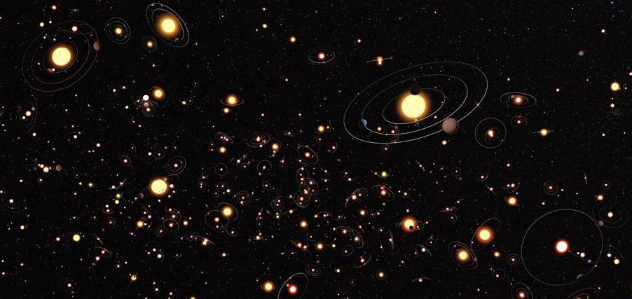 This is an artistic rendering of planets orbiting stars in the Milky Way (the planets, their orbits and their host stars are all vastly magnified compared to their real separations). After surveying millions of stars, we’ve concluded that planets are the rule rather than the exception. Credit: ESO/M. Kornmesser