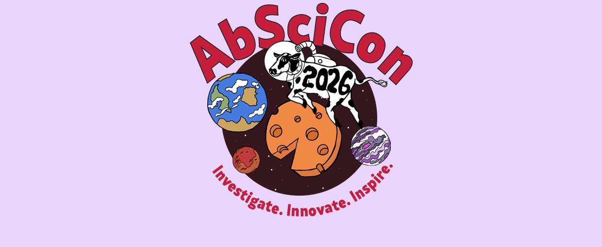 The image shows the AbSciCon 2026 logo on a light purple background. The logo shows a dairy cow with a space helmet on floating over a moon made of cheese. An Earth-like planet is to the left, a Mars-like planet bottom left, and a purple gas giant right.