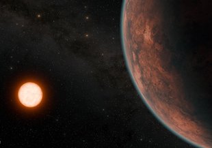 Half of the reddish planet is shown with a thin atmosphere, taking up most of the right side of the frame. A faint, orange star can be seen to the left.