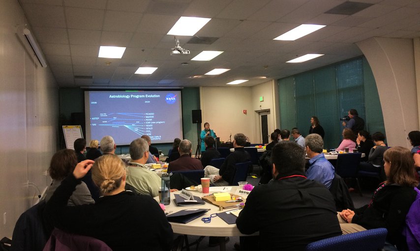 Mary Voytek, NASA Senior Scientist for Astrobiology, addresses attendees of the first meeting of the Network for Ocean Worlds (NOW) at the NASA Ames Research Center in December, 2019.