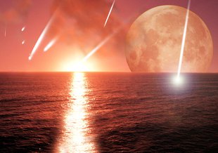 Artist impression of meteorites falling on the early Earth.
