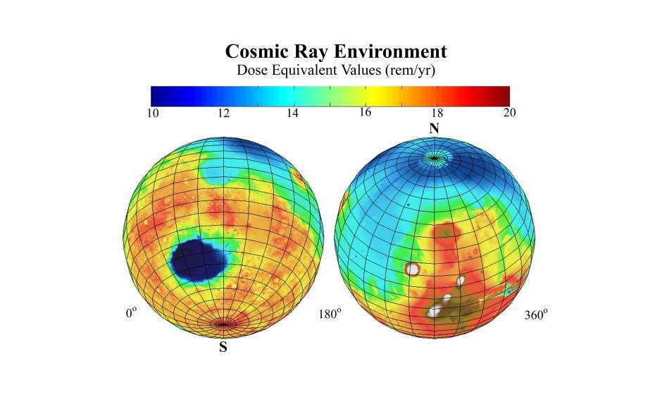 This global map of Mars shows the estimated radiation dosages from cosmic rays reaching the surface, a serious health concern for any future human exploration of the planet.
