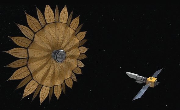 An artistic depiction of the Habitable Exoplanet Observatory and an accompanying starshade.
