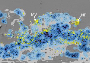 Ancient Noachian rocks on Mars are mapped in light gray with valley networks colored in blue tones and surface clays marked in yellow.