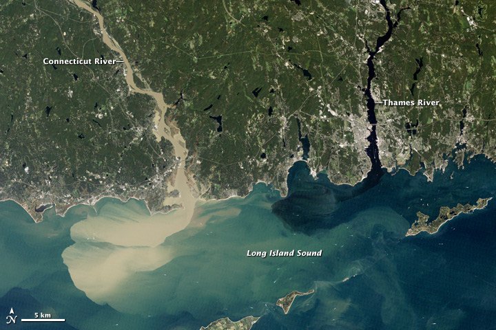 True-color image from the Thematic Mapper on the Landsat 5 satellite (September 2, 2011). Nearly a week after Hurricane Irene drenched New England with rainfall, the Connecticut River spewed muddy sediment into Long Island Sound.