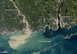 True-color image from the Thematic Mapper on the Landsat 5 satellite (September 2, 2011). Nearly a week after Hurricane Irene drenched New England with rainfall, the Connecticut River spewed muddy sediment into Long Island Sound.