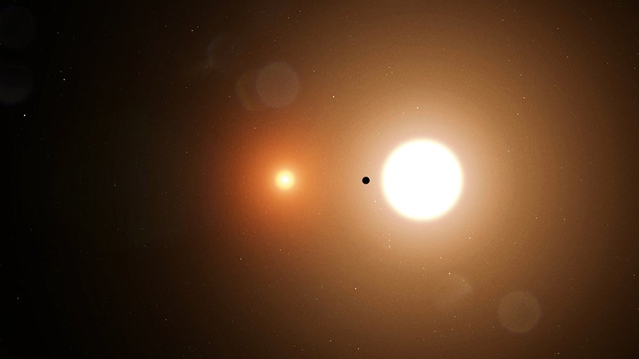 In this illustration, TOI 1338 b is silhouetted by its host stars. TESS only detects transits from the larger star.