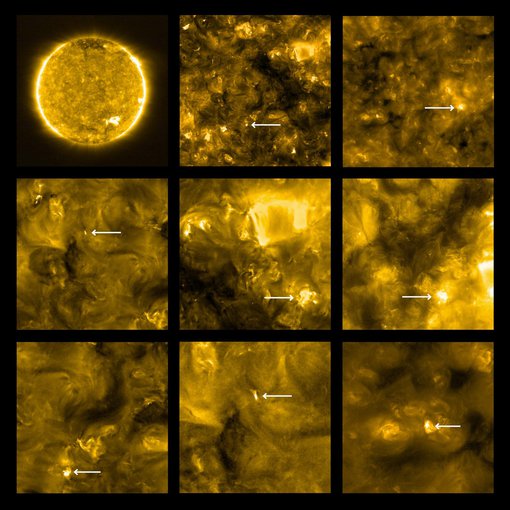 Solar Orbiter spots ‘campfires’ on the Sun. Locations of campfires are annotated with white arrows.
