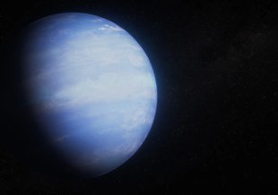 Illustration of an exoplanet with a hazy blue atmosphere and loose bands of clouds on the black background of space. The terminator, the boundary between the day and night sides is gradual. The planet is light blue with loose bands of white clouds.