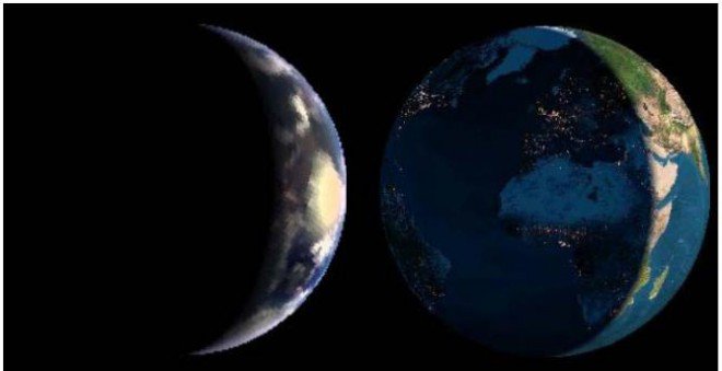 True-color image from a model (left) compared to a view of Earth from the Earth and Moon Viewer (http://www.fourmilab.ch/cgi-bin/Earth/). A glint spot in the Indian Ocean can be clearly seen in the model image.