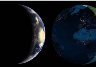 True-color image from a model (left) compared to a view of Earth from the Earth and Moon Viewer (http://www.fourmilab.ch/cgi-bin/Earth/). A glint spot in the Indian Ocean can be clearly seen in the model image.