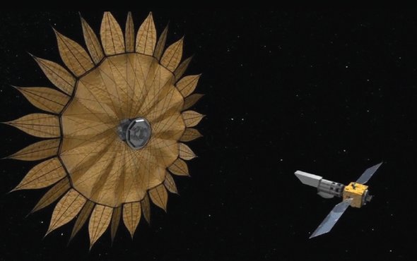 An artist’s rendering of a possible “starshade” that could be launched to work with WFIRST or another space telescope and allow the telescope to take direct pictures of other Earth-like planets.