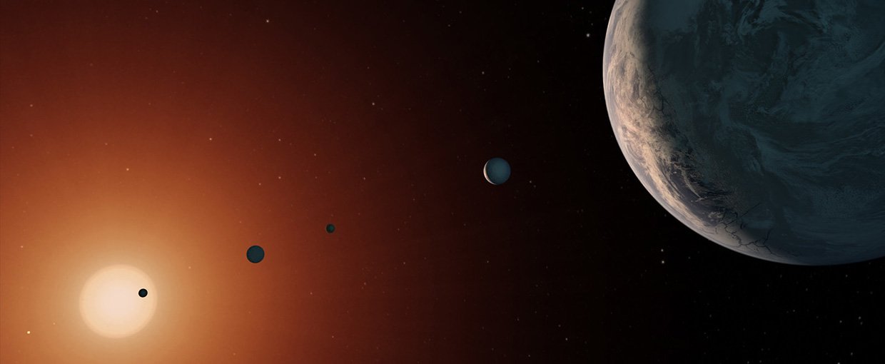 This illustration shows what the TRAPPIST-1 system might look like from a vantage point near planet TRAPPIST-1f (at right).