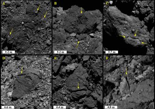 Examples of disaggregation (top) and linear fractures (bottom) in boulders on asteroid Bennu from images taken by NASA’s OSIRIS-REX spacecraft. In the bottom row, fracture orientations are (d) west-northwest to east-southeast and (e, f) north to south.
