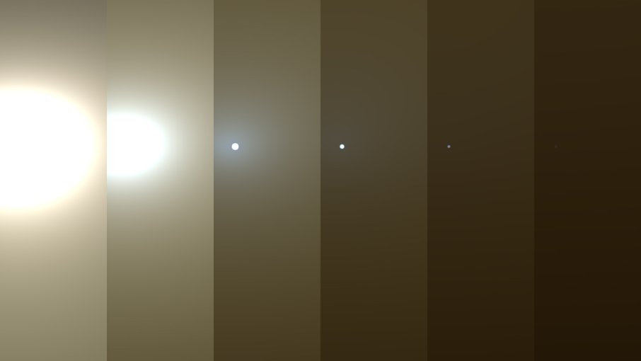 This series of images shows simulated views of a darkening Martian sky blotting out the Sun from NASA’s Opportunity rover’s point of view, with the right side simulating Opportunity’s current view in the global dust storm (June 2018).