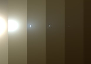 This series of images shows simulated views of a darkening Martian sky blotting out the Sun from NASA’s Opportunity rover’s point of view, with the right side simulating Opportunity’s current view in the global dust storm (June 2018).