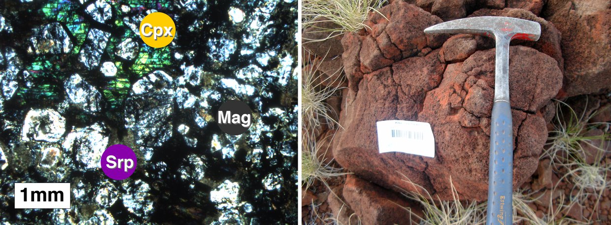 Thin section (left) in transmitted light of serpentinized komatiite rock (right) from the Mount Ada Basalt in Australia's Pilbara region (hammer shown for scale). Labels: Serpentine replacing olivine (SRP); clinopyroxene (CPX; Magnetite (MAG).