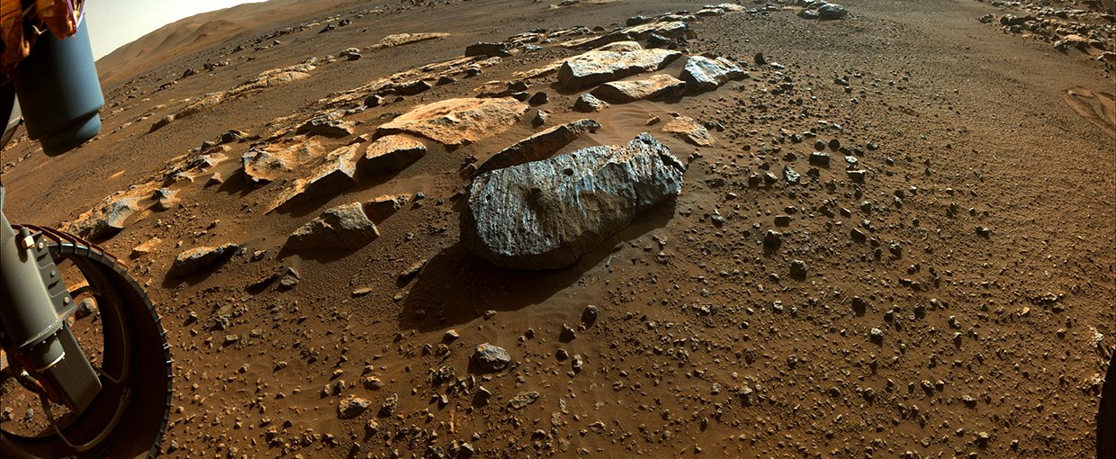 Two holes are visible in the rock, nicknamed “Rochette,” from which NASA’s Perseverance rover obtained its first core samples. The rover drilled the hole on the left, called “Montagnac,” Sept. 7, and the hole on the right, known as “Montdenier,” Sept. 1.