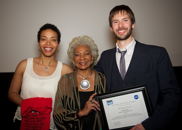 Nichelle Nichols with finalists of the 2012 FameLab USA National Final, Aomawa Shields (left) and Brendan Mullan (right).