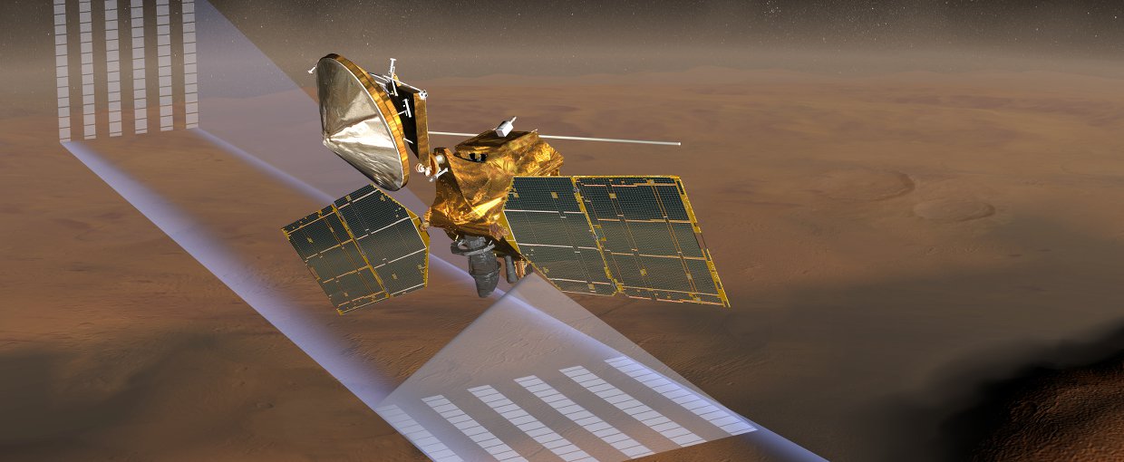 An artist impression of the Mars Reconnaissance Orbiter using its Mars Climate Sounder instrument.