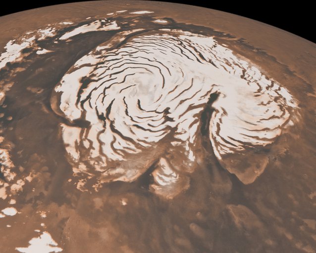 An orbital view of the north polar region of Mars. Credit: NASA/JPL-Caltech/MSSS