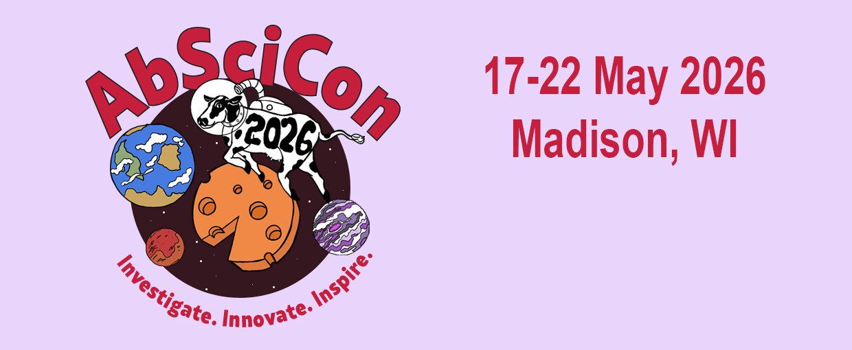 The image shows the AbSciCon 2026 logo on a light purple background. The logo shows a dairy cow with a space helmet on floating over a moon made of cheese. An Earth-like planet is to the left, a Mars-like planet bottom left, and a purple gas giant right.