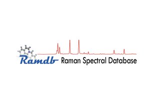 The logo shows Ramdb in a blue cursive script with the full name Raman Spectral Database in black. Above the words are a chemical structure in black and a red spectra line with multiple spikes.