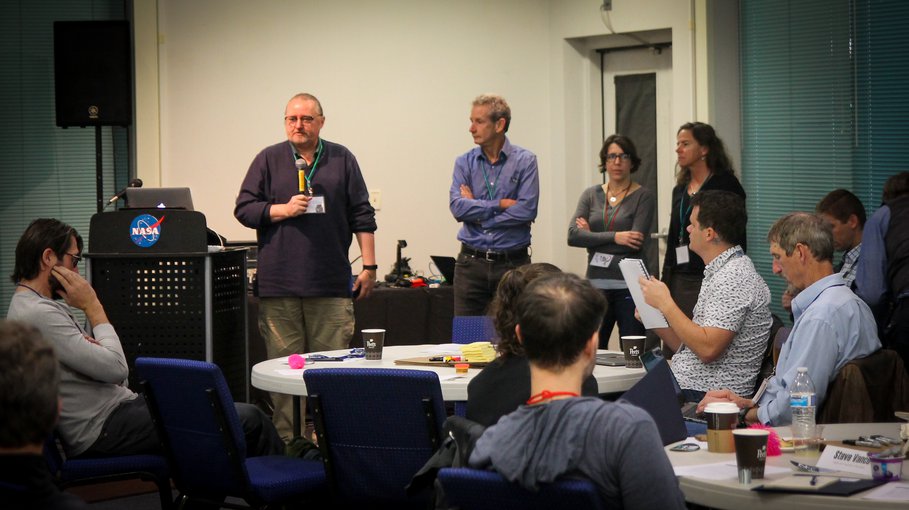 The Co-Leads address the attendees of the first meeting of the Network for Ocean Worlds (NOW) in December of 2019. From left to right: Chris German (WHOI), Kevin Arrigo (Stanford), Alyssa Rhoden (SwRI), Alison Murray (DRI).