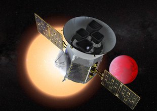 Illustration of the Transiting Exoplanet Survey Satellite (TESS) in front of a lava planet orbiting its host star. TESS will identify thousands of potential new planets for further study and observation.
