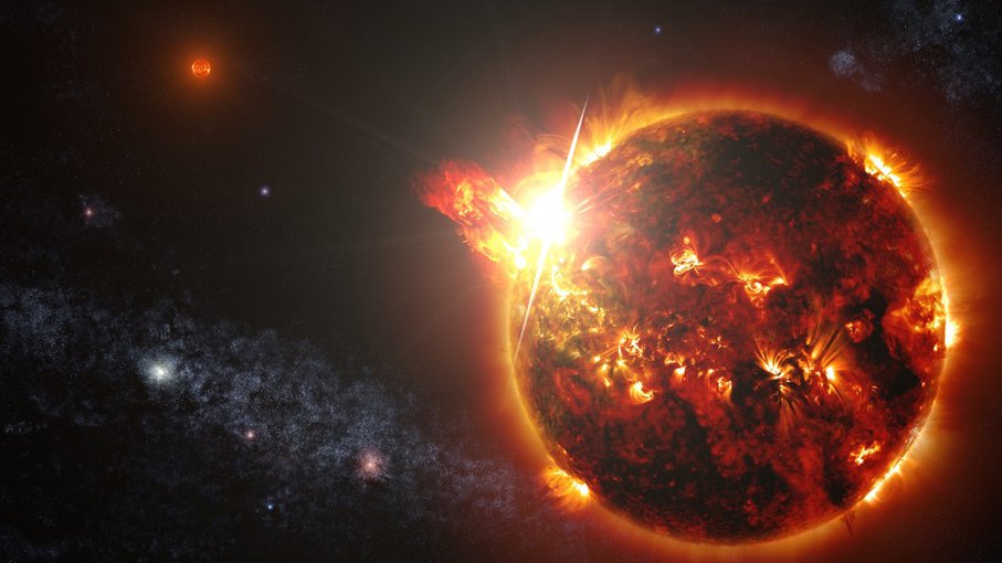 Artist illustration of a red dwarf star as it unleashes a series of powerful flares.