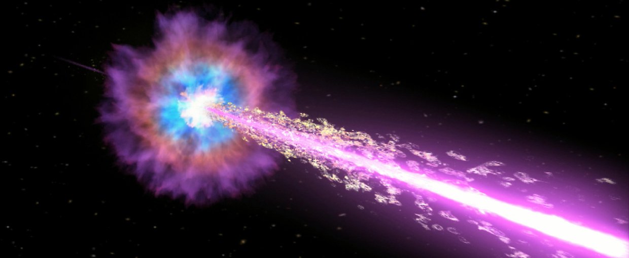 In this illustration, a black hole drives powerful jets of particles traveling near the speed of light. The jets pierce through a star, emitting X-rays and gamma rays as they stream into space.