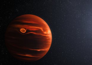 An artist rendition of a planet orbiting two stars. The planet is drawn as red and orange in color with a dense atmosphere. It sits in the lower left on a field of stars.