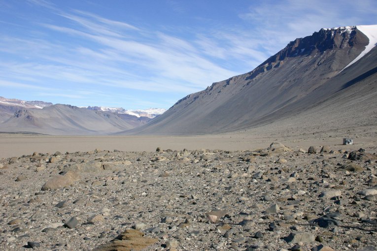 Wright Valley, one of the McMurdo Dry Valleys in Antarctica, where extremophile cyanobacteria, called hypoliths, live.