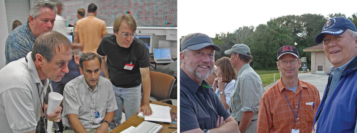 To the left, four scientists huddle around a computer. At the right, three scientist pose for the camera outside at the Kennedy Space Center. Trees are visible in the background.