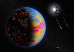 Artist’s illustration of a technologically advanced exoplanet. The colors are exaggerated to show the industrial pollution, which otherwise is not visible.