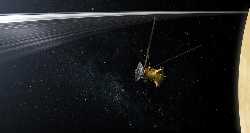Artist's impression of the Cassini spacecraft in one of the final phases of its mission in 2017, which will be examining the rings from close to Saturn.