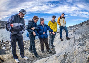 Marc Kaufman, Abigail Allwood, Dawn Sumner, Mike Zawaski, and Joel Hurowitz (left to right) in Nuuk, Greenland, before heading into the field.