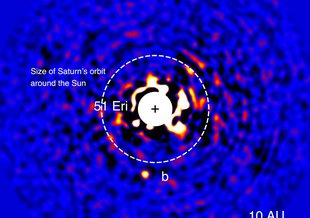 Discovery image of the exoplanet 51 Eridani b taken in the near-infrared light with the Gemini Planet Imager on Dec. 21, 2014. The bright central star has been mostly removed to enable the detection of the million-times fainter planet.