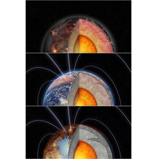 These illustrations show three versions of a rocky planet with different amounts of internal heating from radioactive elements.