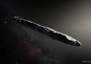 Artist’s concept of interstellar asteroid 1I/2017 U1 (‘Oumuamua) as it passed through the solar system after its discovery in October 2017. The aspect ratio of up to 10:1 is unlike that of any object seen in our own solar system.
